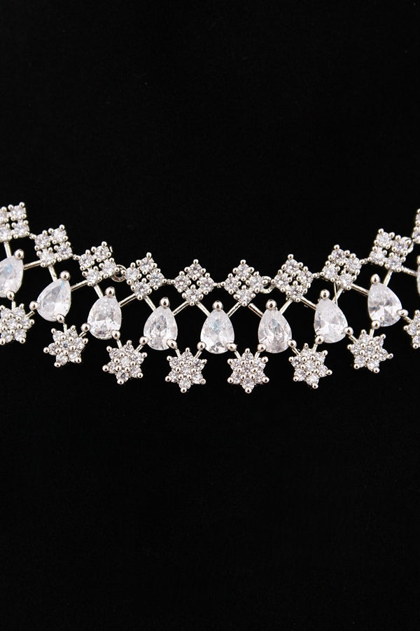 Glamorous American Diamond Necklace Set Filled With Small Details And Wilver Colour Stones With Long Earrings (NS006-AD-S)