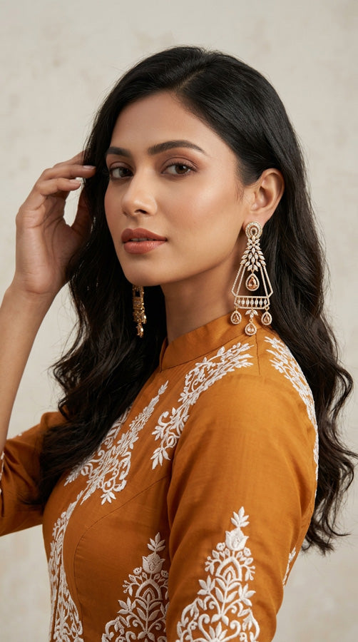 Premium Quality Gold Polish Danglers With Center Design And Gold Colour Stones (ADE013-GO)