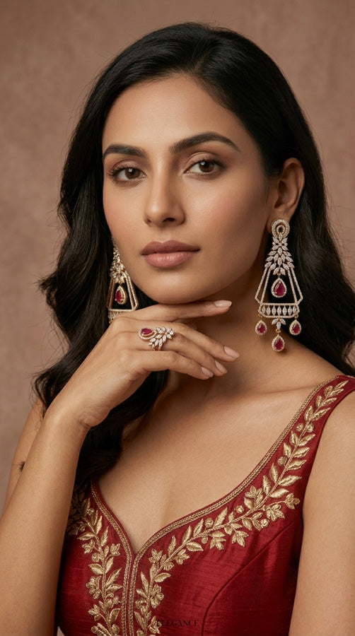 Premium Quality Gold Polish Danglers With Center Design And Ruby Colour Stones (ADE013-RU)
