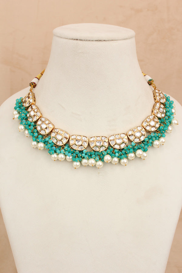 Premium Quality Kundan Necklace Set With White Pearls And Aqua Green Crystal Beads (NKS035-AG)