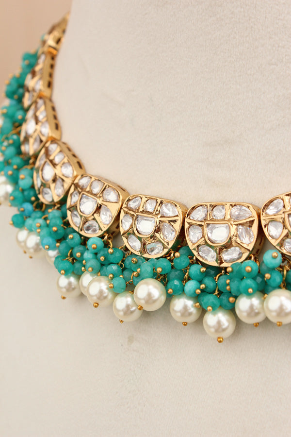 Premium Quality Kundan Necklace Set With White Pearls And Aqua Green Crystal Beads (NKS035-AG)