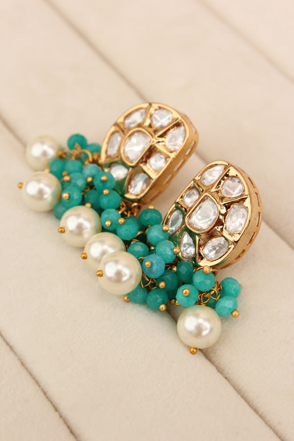 Premium Quality Kundan Necklace Set With White Pearls And Aqua Green Crystal Beads (NKS035-AG)