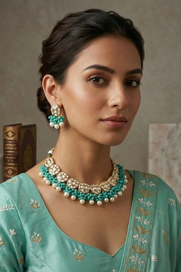 Premium Quality Kundan Necklace Set With White Pearls And Aqua Green Crystal Beads (NKS035-AG)