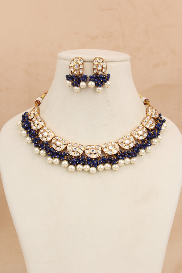 Premium Quality Kundan Necklace Set With White Pearls And Blue Crystal Beads (NKS035-B)