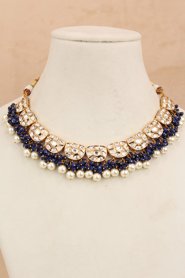 Premium Quality Kundan Necklace Set With White Pearls And Blue Crystal Beads (NKS035-B)