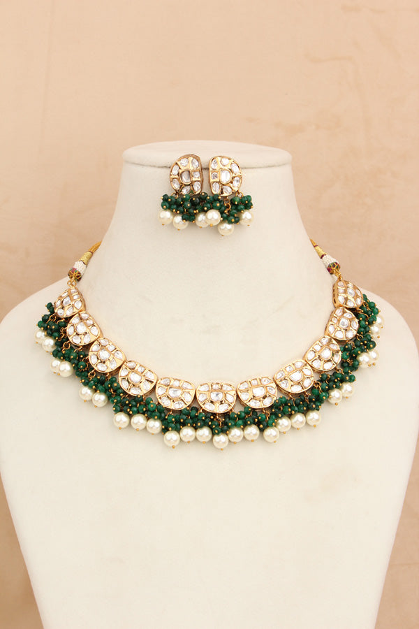 Premium Quality Kundan Necklace Set With White Pearls And Green Crystal Beads (NKS035-G)