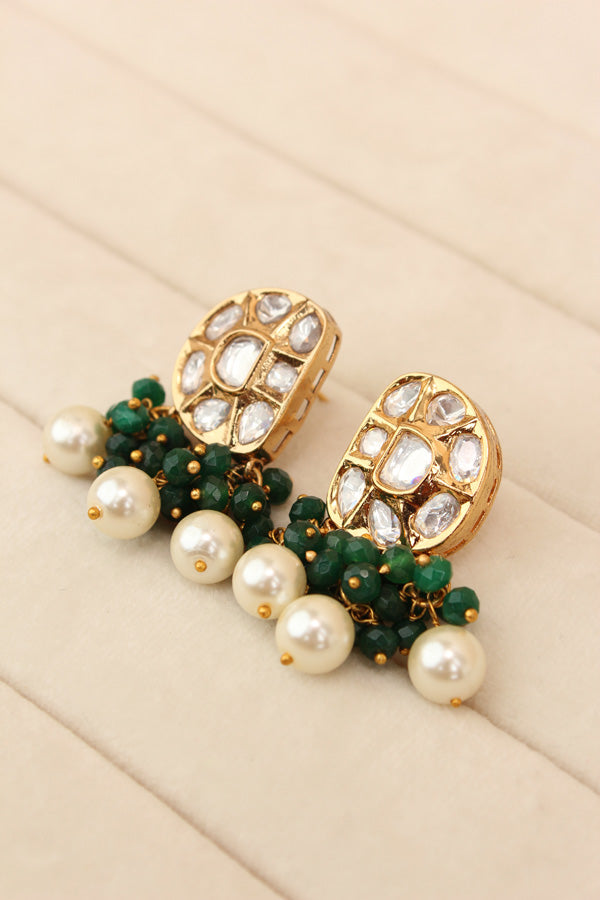 Premium Quality Kundan Necklace Set With White Pearls And Green Crystal Beads (NKS035-G)