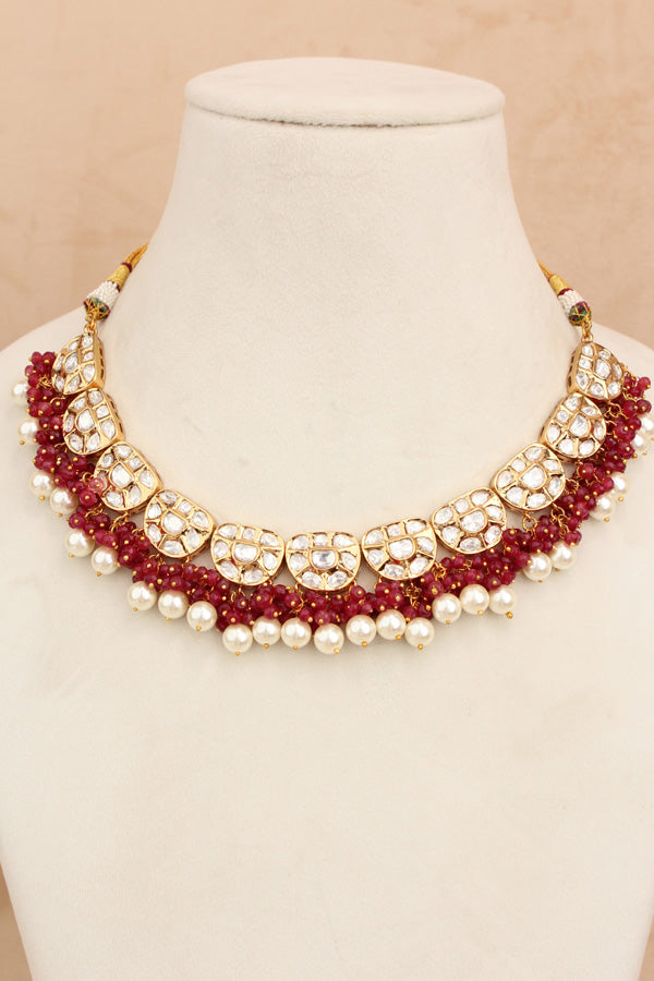 Premium Quality Kundan Necklace Set With White Pearls And Red Crystal Beads (NKS035-R)