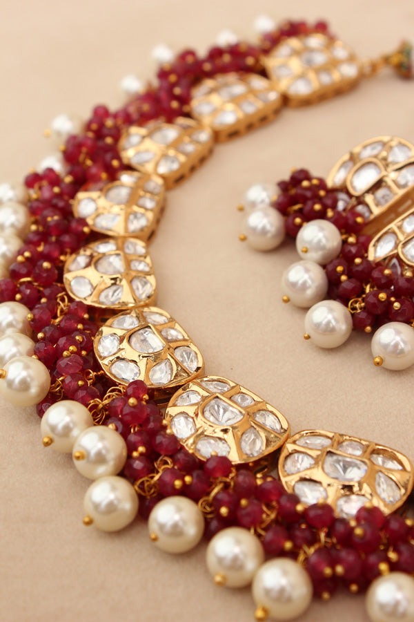 Premium Quality Kundan Necklace Set With White Pearls And Red Crystal Beads (NKS035-R)