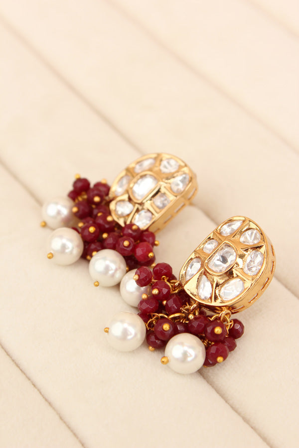 Premium Quality Kundan Necklace Set With White Pearls And Red Crystal Beads (NKS035-R)