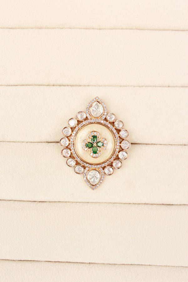 Premium Quality Kundan Ring With Center Flower Design And Green Colour Stones Adjustable Ring (KR001-G)
