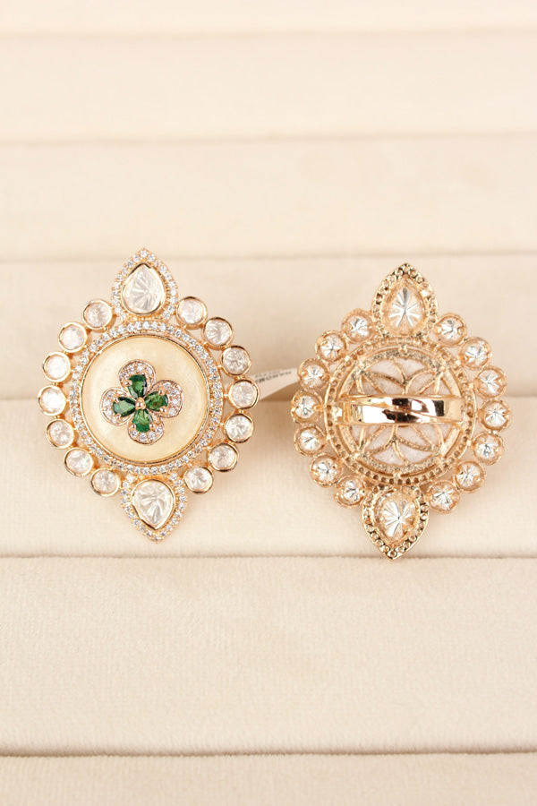 Premium Quality Kundan Ring With Center Flower Design And Green Colour Stones Adjustable Ring (KR001-G)