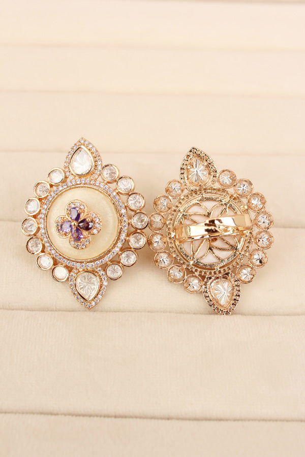 Premium Quality Kundan Ring With Center Flower Design And Purple Colour Stones Adjustable Ring (KR001-PU)