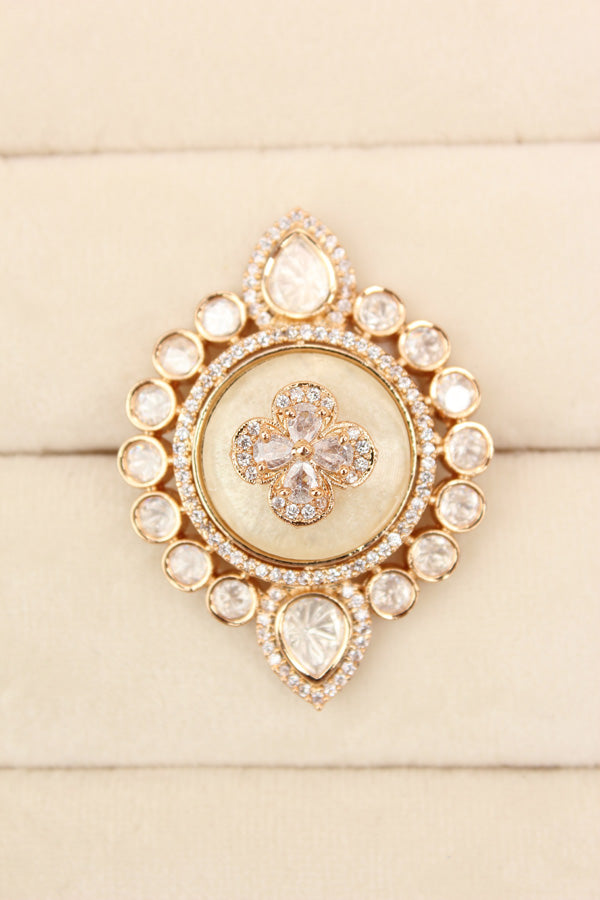 Premium Quality Kundan Ring With Center Flower Design And Silver Colour Stones Adjustable Ring (KR001-S)