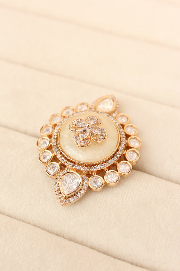 Premium Quality Kundan Ring With Center Flower Design And Silver Colour Stones Adjustable Ring (KR001-S)