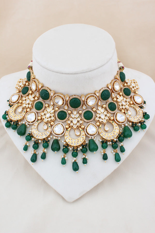 Premium Quality Kundan Set With American Diamonds And Green Color Pearls Attached With Matching Earrings And Tikka(NK005-G-K-B1)