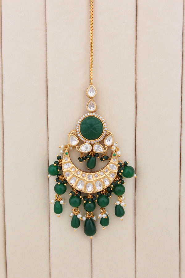 Premium Quality Kundan Set With American Diamonds And Green Color Pearls Attached With Matching Earrings And Tikka(NK005-G-K-B1)