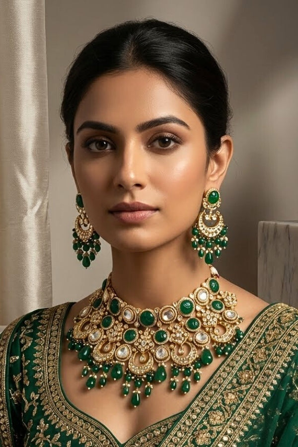 Premium Quality Kundan Set With American Diamonds And Green Color Pearls Attached With Matching Earrings And Tikka(NK005-G-K-B1)