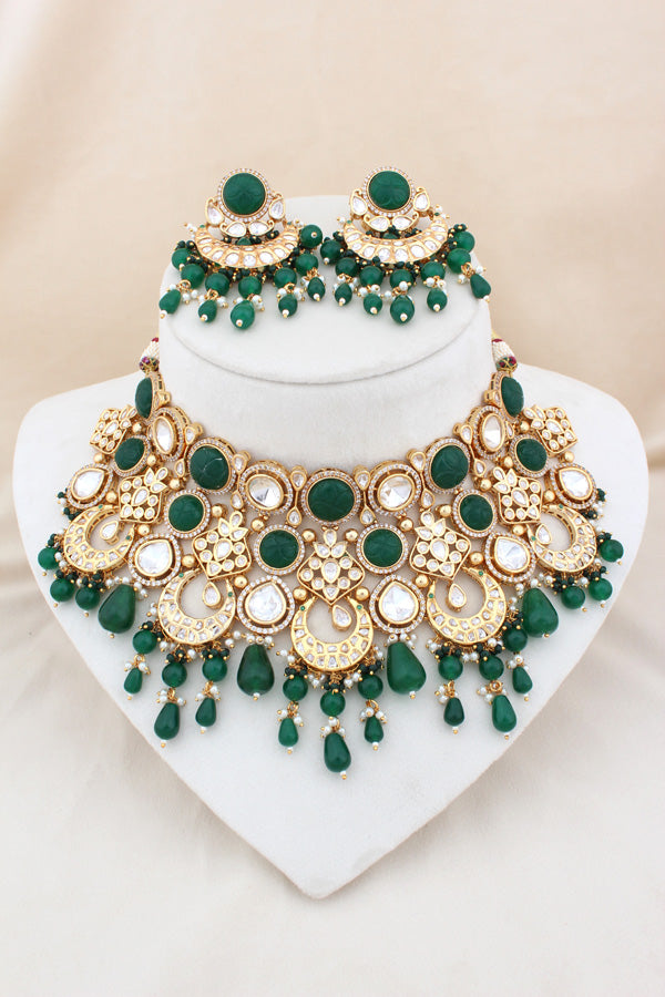 Premium Quality Kundan Set With American Diamonds And Green Color Pearls Attached With Matching Earrings And Tikka(NK005-G-K-B1)