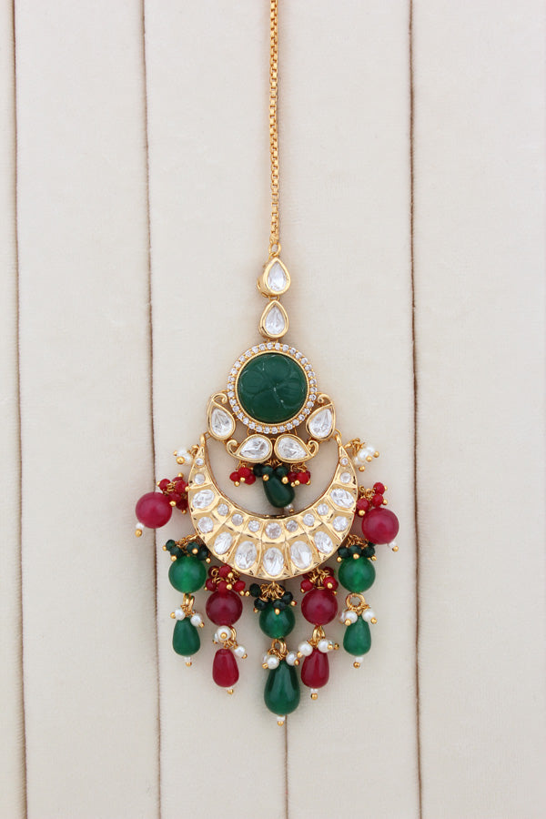 Premium Quality Kundan Set With American Diamonds And Red And Green Color Pearls Attached With Matching Earrings And Tikka(NS005-RG-K-B1)