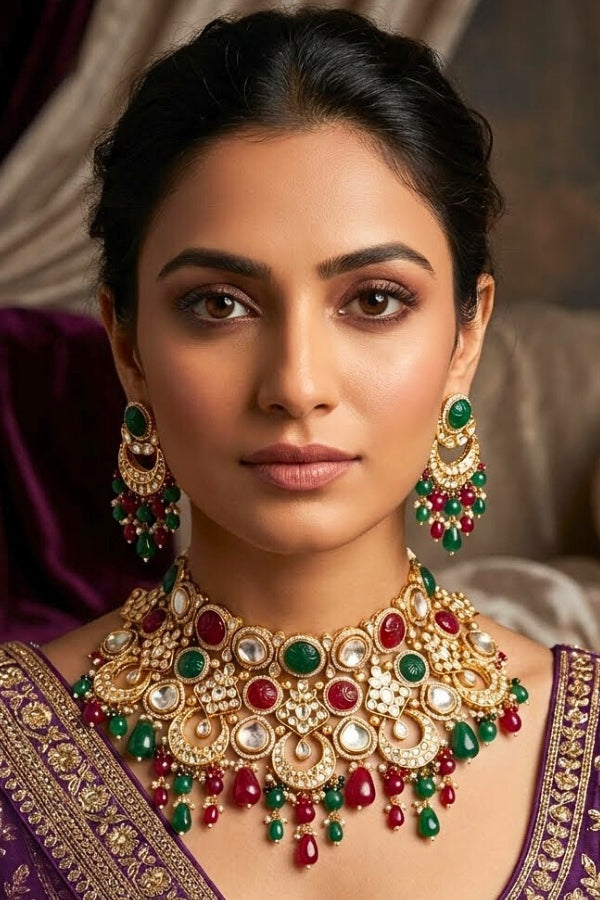 Premium Quality Kundan Set With American Diamonds And Red And Green Color Pearls Attached With Matching Earrings And Tikka(NS005-RG-K-B1)