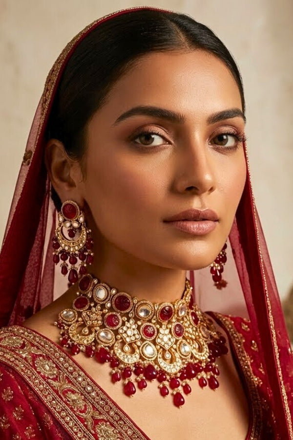 Premium Quality Kundan Set With American Diamonds And Ruby Color Pearls Attached With Matching Earrings And Tikka(NK005-RU-K-B1)