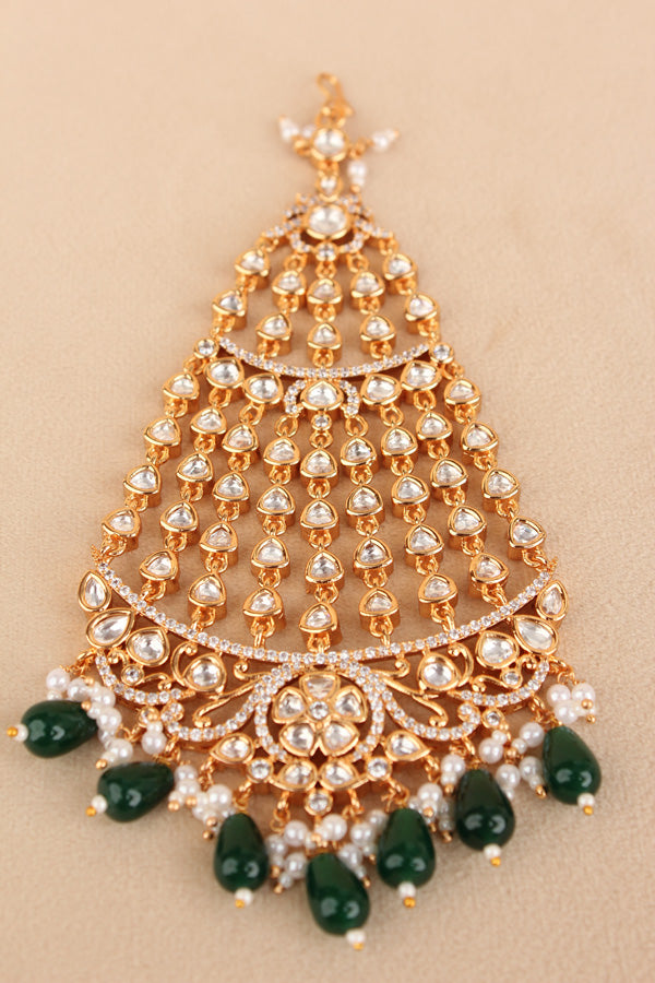 Premium Quality Passa In Gold Polish With Kundan And American Diamonds Attached With Green Pearls And White Beads (PAS003)