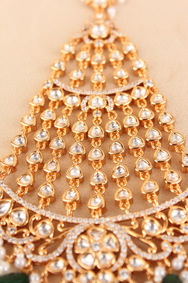 Premium Quality Passa In Gold Polish With Kundan And American Diamonds Attached With Green Pearls And White Beads (PAS003)