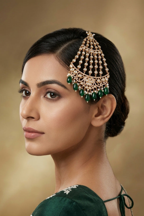 Premium Quality Passa In Gold Polish With Kundan And American Diamonds Attached With Green Pearls And White Beads (PAS003)
