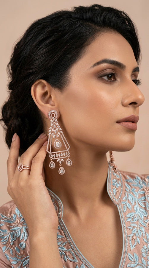 Premium Quality Rose Gold Polish Danglers With Center Design And Silver Colour Stones (ADE013-S)