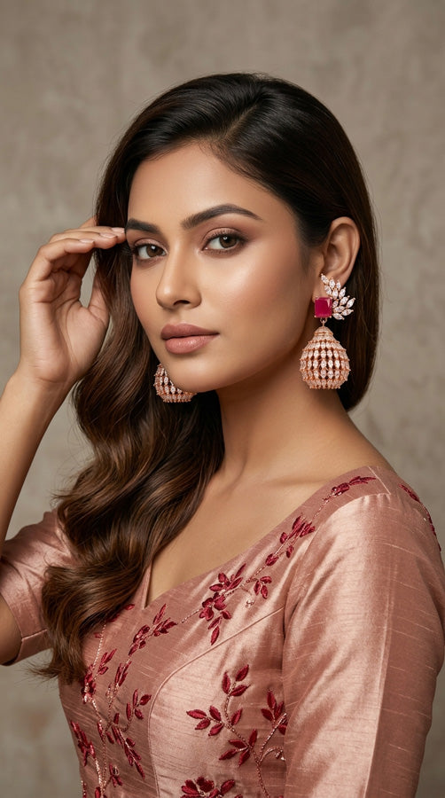 Premium Quality Rose Gold Polish Drop Earrings With Ruby Colour Center Stone (ADE028)