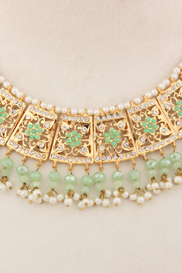 Punjabi Gold Plated Necklace Set with Light Green Beads Along With Earrings And Attached Saharey Also Tikka (PJNS001-LG)