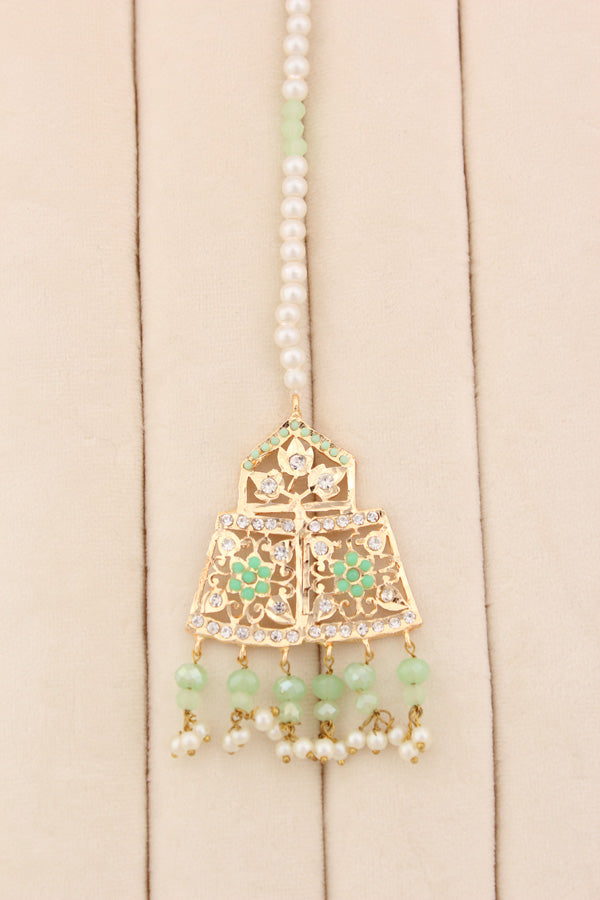 Punjabi Gold Plated Necklace Set with Light Green Beads Along With Earrings And Attached Saharey Also Tikka (PJNS001-LG)