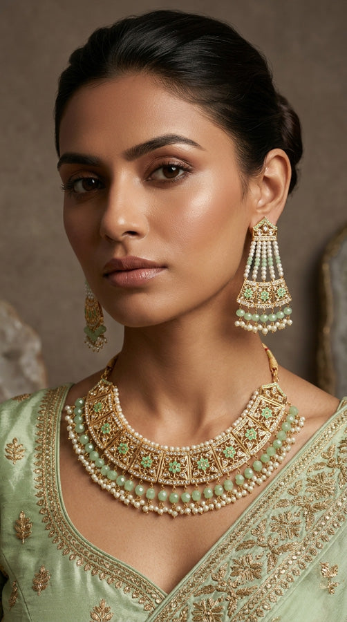 Punjabi Gold Plated Necklace Set with Light Green Beads Along With Earrings And Attached Saharey Also Tikka (PJNS001-LG)