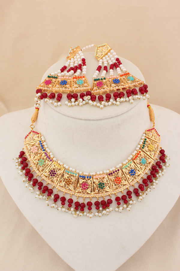 Punjabi Gold Plated Necklace Set with Multi Colour Beads Along With Earrings And Attached Saharey Also Tikka (PJNS001-MU)