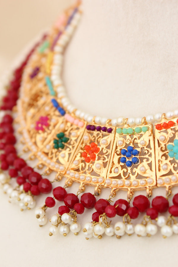 Punjabi Gold Plated Necklace Set with Multi Colour Beads Along With Earrings And Attached Saharey Also Tikka (PJNS001-MU)