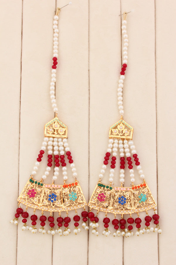 Punjabi Gold Plated Necklace Set with Multi Colour Beads Along With Earrings And Attached Saharey Also Tikka (PJNS001-MU)