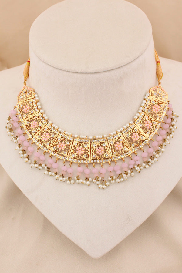 Punjabi Gold Plated Necklace Set with Pink Beads Along With Earrings And Attached Saharey Also Tikka (PJNS001-P)
