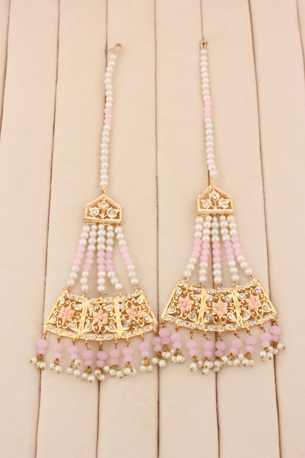 Punjabi Gold Plated Necklace Set with Pink Beads Along With Earrings And Attached Saharey Also Tikka (PJNS001-P)