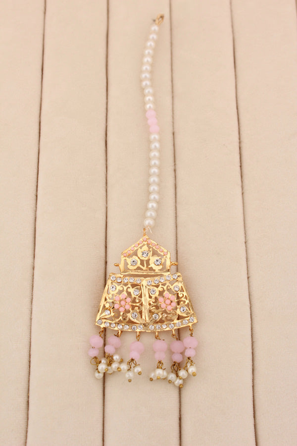 Punjabi Gold Plated Necklace Set with Pink Beads Along With Earrings And Attached Saharey Also Tikka (PJNS001-P)