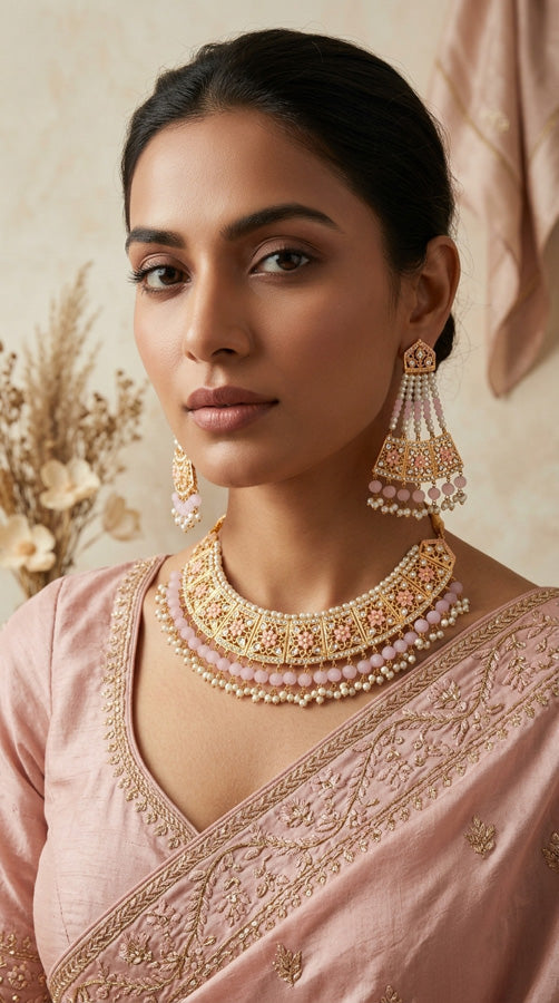 Punjabi Gold Plated Necklace Set with Pink Beads Along With Earrings And Attached Saharey Also Tikka (PJNS001-P)