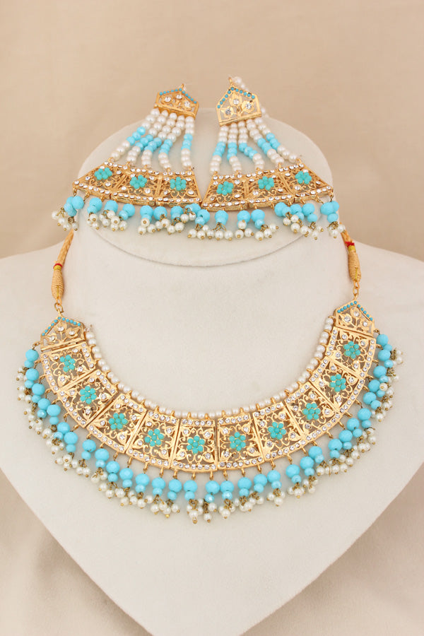 Punjabi Gold Plated Necklace Set with Sky Blue Beads Along With Earrings And Attached Saharey Also Tikka (PJNS001-SB)