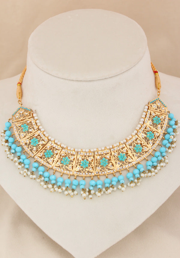 Punjabi Gold Plated Necklace Set with Sky Blue Beads Along With Earrings And Attached Saharey Also Tikka (PJNS001-SB)