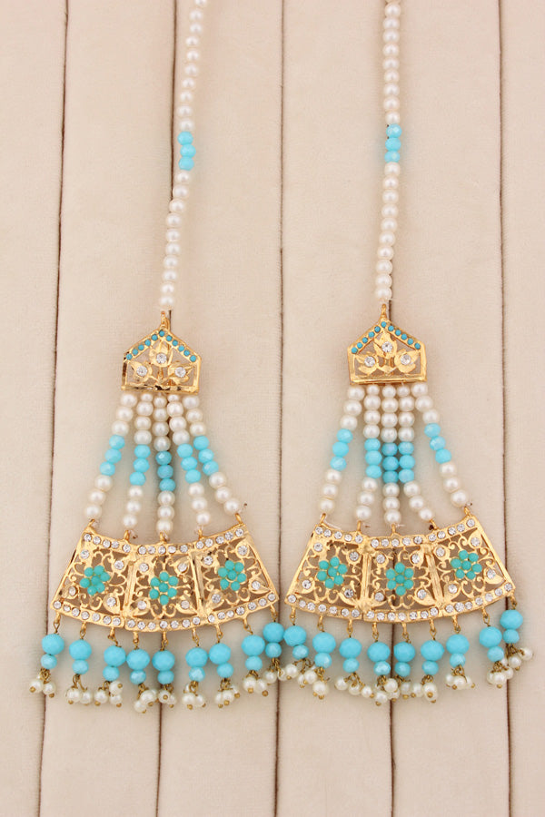Punjabi Gold Plated Necklace Set with Sky Blue Beads Along With Earrings And Attached Saharey Also Tikka (PJNS001-SB)