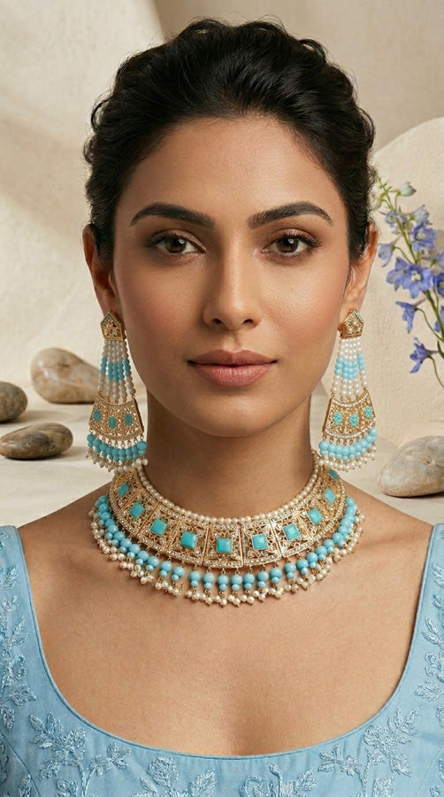 Punjabi Gold Plated Necklace Set with Sky Blue Beads Along With Earrings And Attached Saharey Also Tikka (PJNS001-SB)