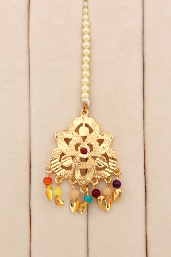 Punjabi Jadau In Colourful Design In Triple Layers With Matching Earrings And Tikka (PJNS006)