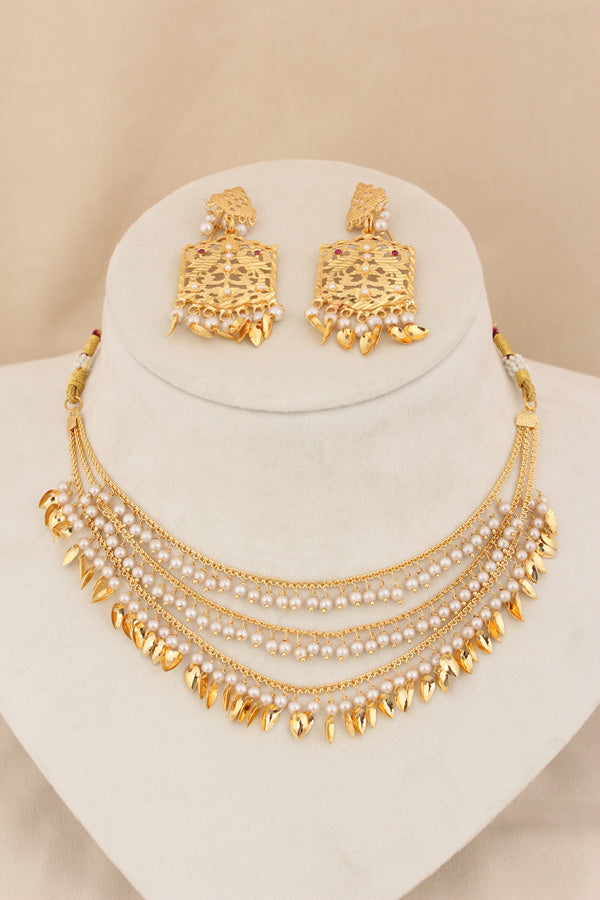 Punjabi Jadau Necklace Set In Triple Layers With Matching Earrings And Tikka (PJNS003)