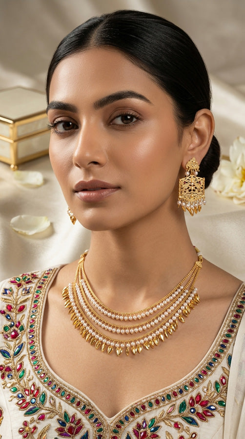 Punjabi Jadau Necklace Set In Triple Layers With Matching Earrings And Tikka (PJNS003)