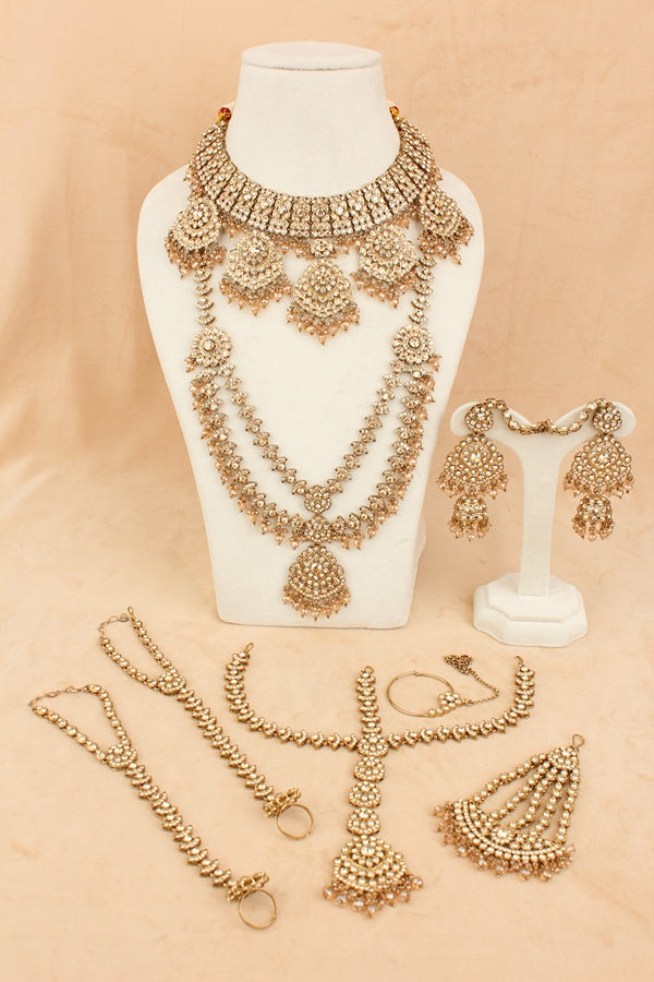 Rani Style Bridal Necklace Set With Golden Stones And Crystal Beads (BS009-Golden)