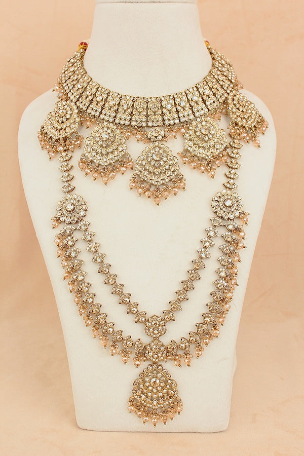 Rani Style Bridal Necklace Set With Golden Stones And Crystal Beads (BS009-Golden)